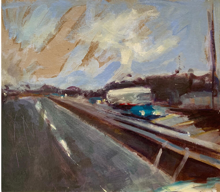 "Voiture bleue et citerne", acrylique sur carton.