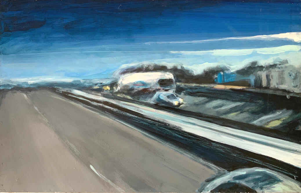 “ Citerne bleue , acrylique sur caisson de bois, 94 x 61cm.