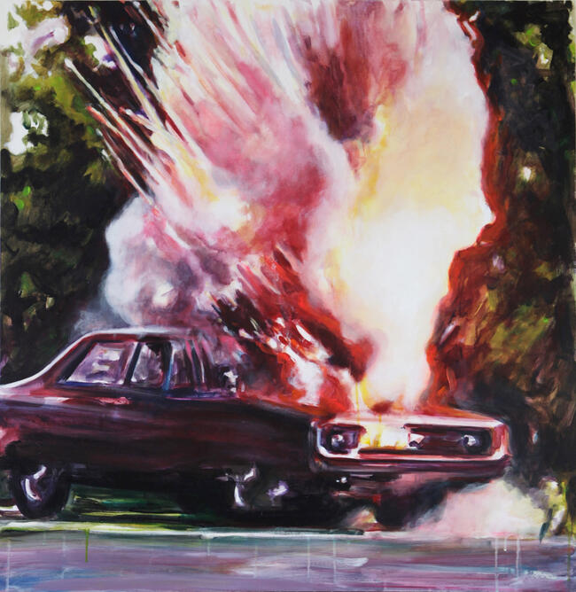 "Blast car", acrylique sur bois, 110 x 110 cm, Prix des Plasticiens du Puy de Dôme 2012.