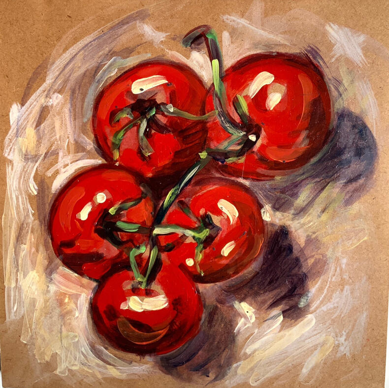 "Tomates grappes n°2", acrylique sur panneau de bois, 30 x 30 cm.