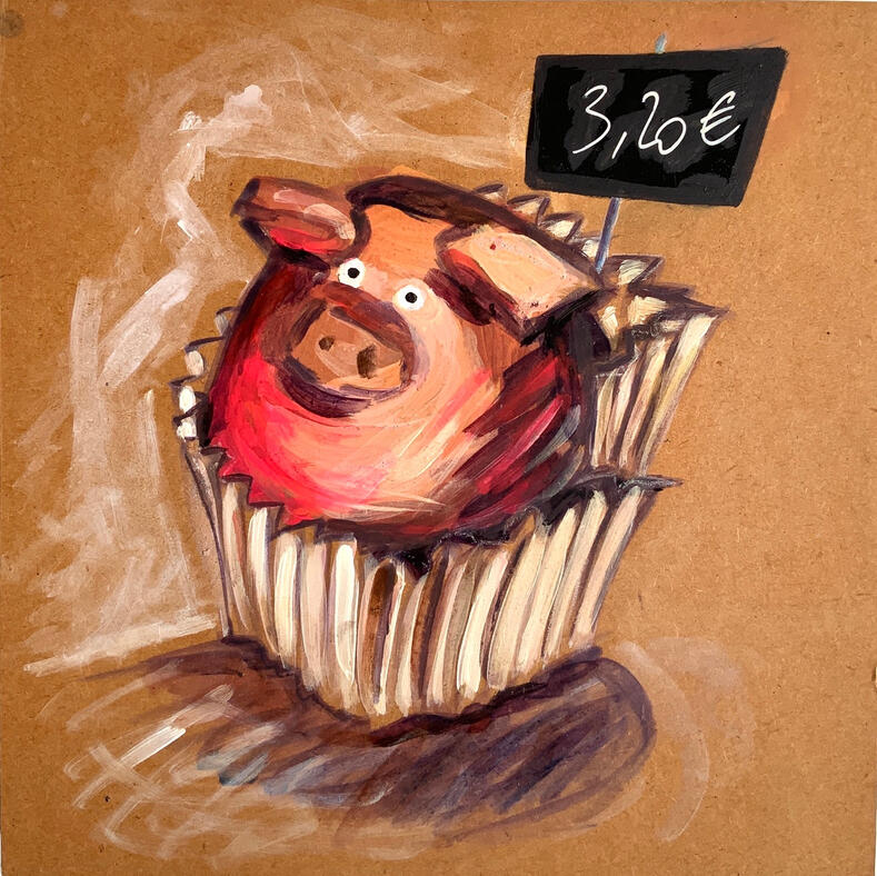 "Cochon pâte d'amande ”, acrylique sur panneau de bois, 30 x 30 cm.